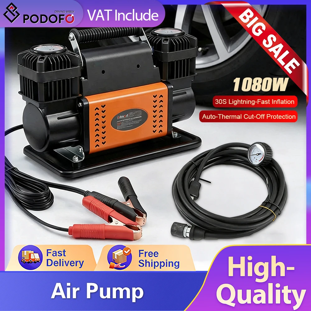 Pompe à air haute pression Podofo 150 PSI, compresseur 1080 W, gonfleur de pneus pour voitures et camions, pompe à air à double cylindre avec tuyau gonflable