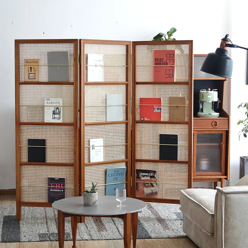 

Solid wood rattan modern folding screen art Nordic Japanese ins partition living room bookshelf retro medieval