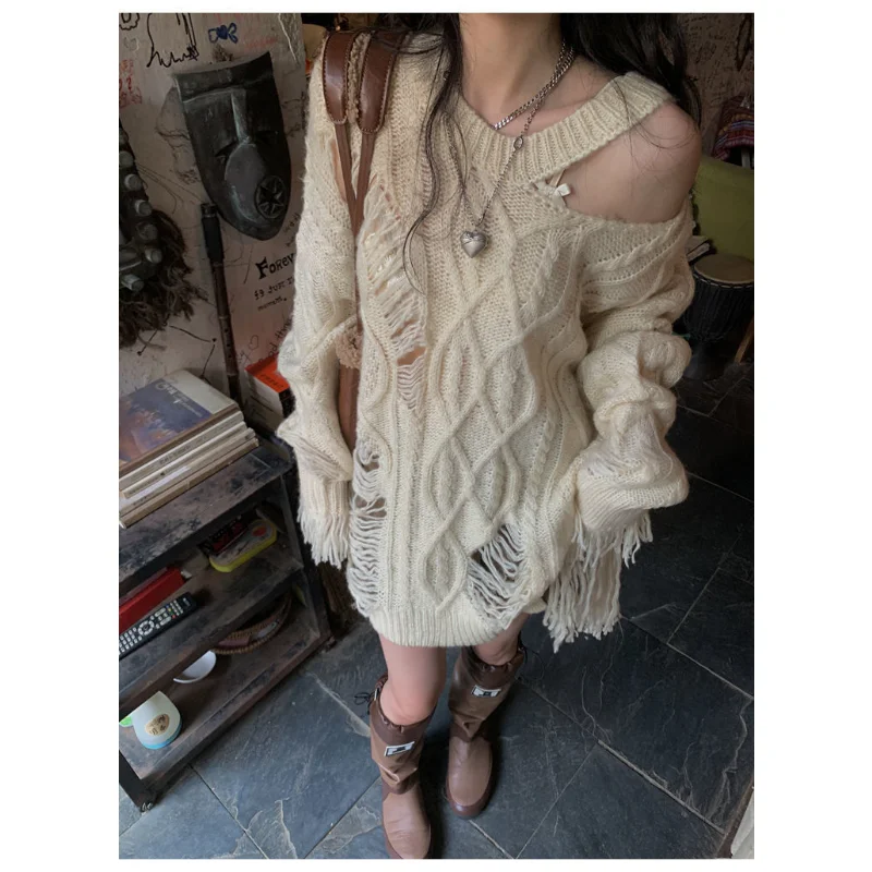 

Deeptown Y2k Vintage Beige Knit Sweater Women Grunge Harajuku Irregular Off Shoulder Jerseys Hollow Out Hippie Streetwear Jumper