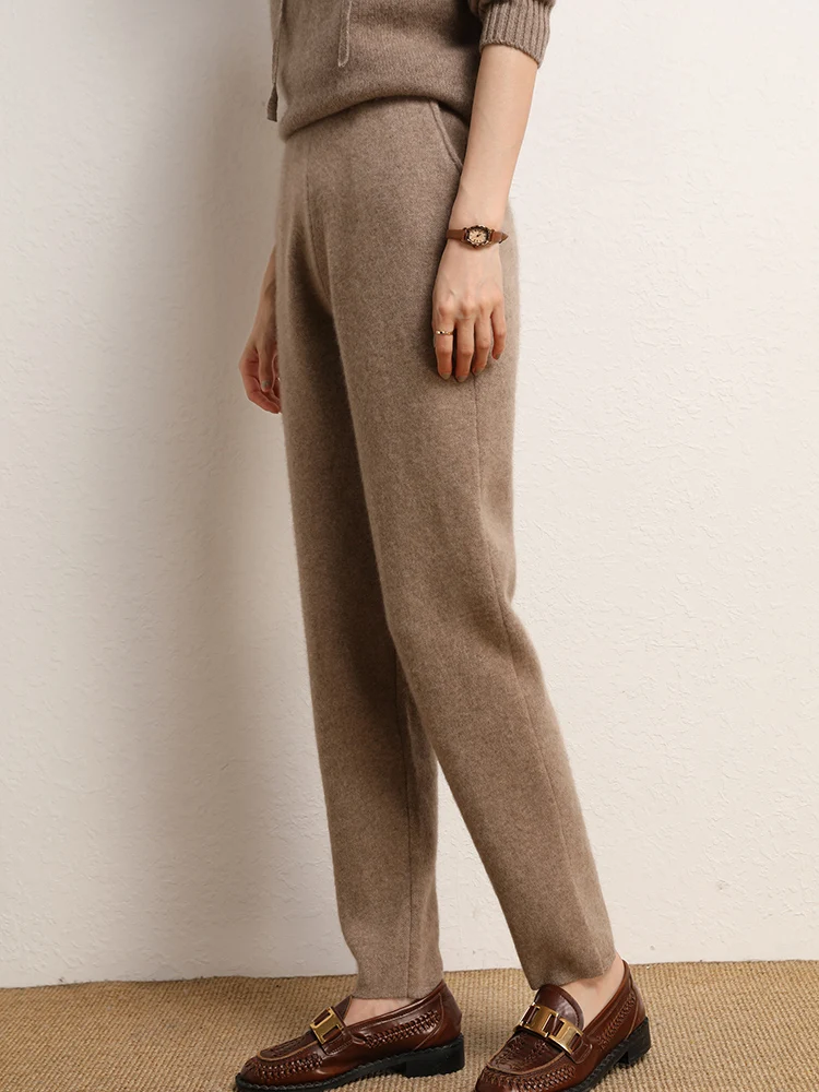 

Women's Cashmere Pants Solid Casual Office Lady Pencil Pants Autumn Winter Elastic Waist Trousers Pockets 100% Cashmere Knitted