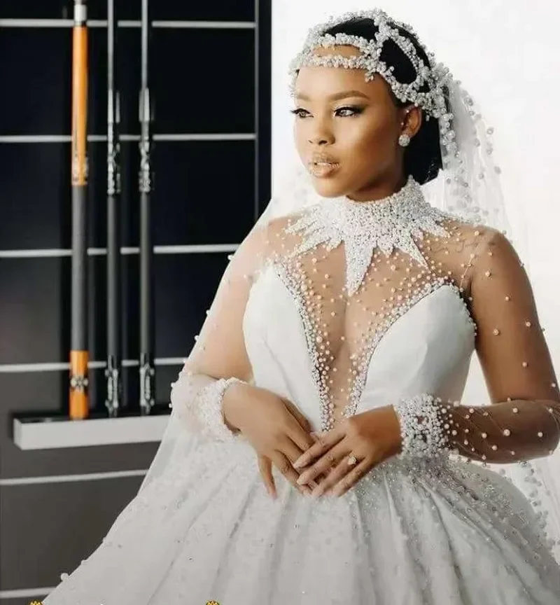 Customized African Wedding Dress High-Neck Long Sleeves Pearls Beads Appliqued Satin Women Bridal Gowns Court Train New Design V