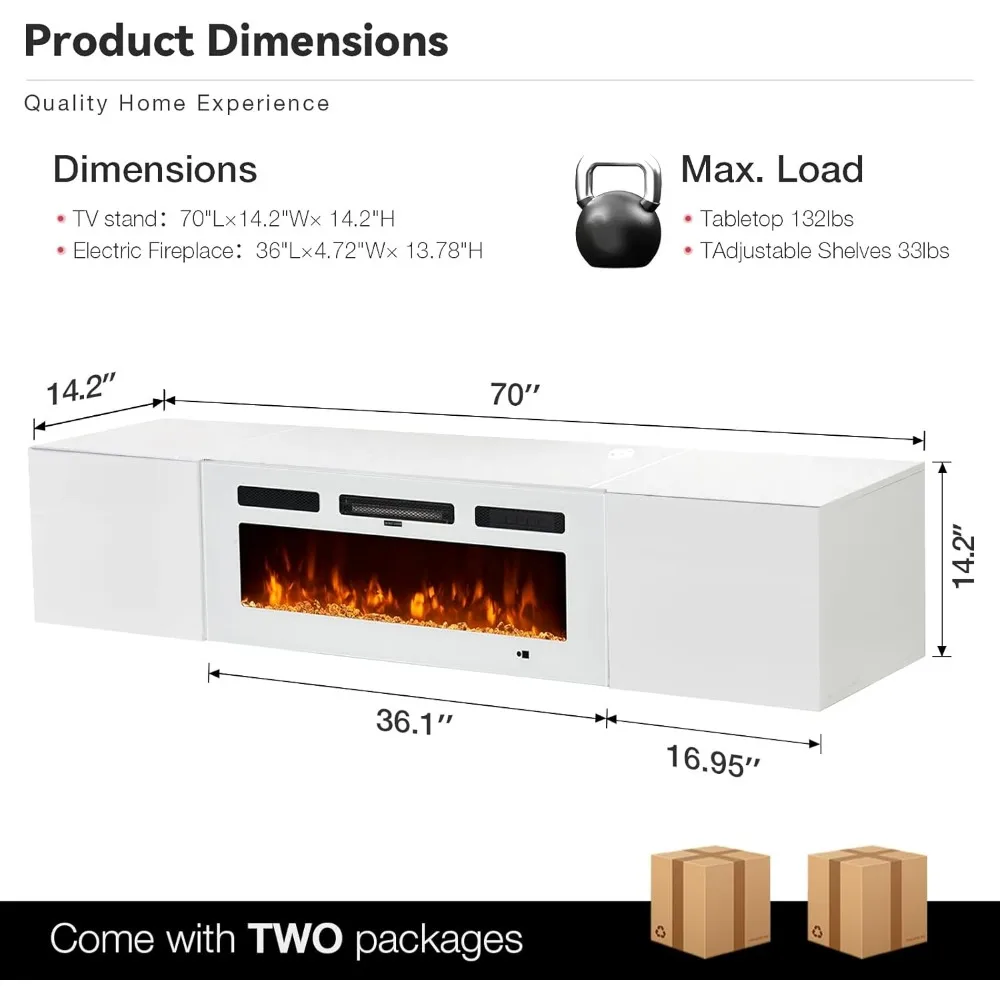 Schwebender TV-Ständer mit 36 elektrischem Kamin, wandmontierter Kamin, Entertainment-Center mit Stauraum, 70 TV-Konsole mit Kamin