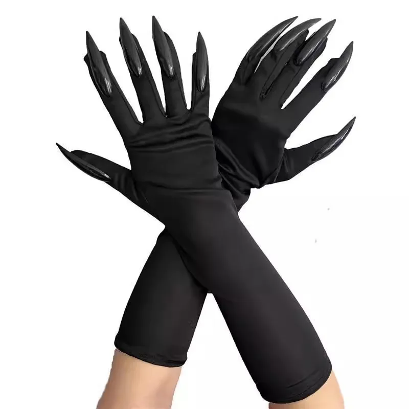 

Halloween Makeup Witch Black Nail Ghost Cat Demon Paw Gloves Cosplay Black Elastic Satin Stage Performance Women Long Mittens