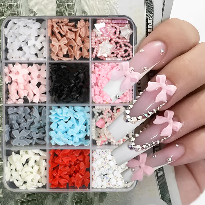 

12Grids/Box Mixed Resin Bowknot Nail Art Decorations with Tweezers and Diamond-inlaid Pen DIY Nail Rhinestone Manicure Accessory