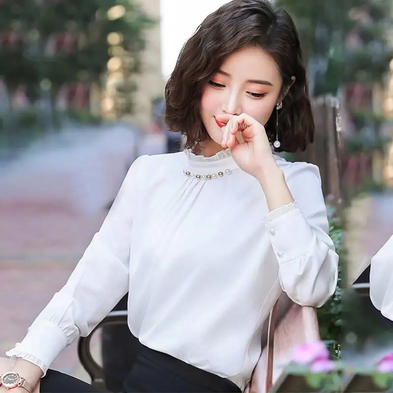 Temperament Chiffon Loose Shirt Tops Spring New Long Sleeve Solid Color Plus Size Pleated Blouse Fashion Office Women Clothing