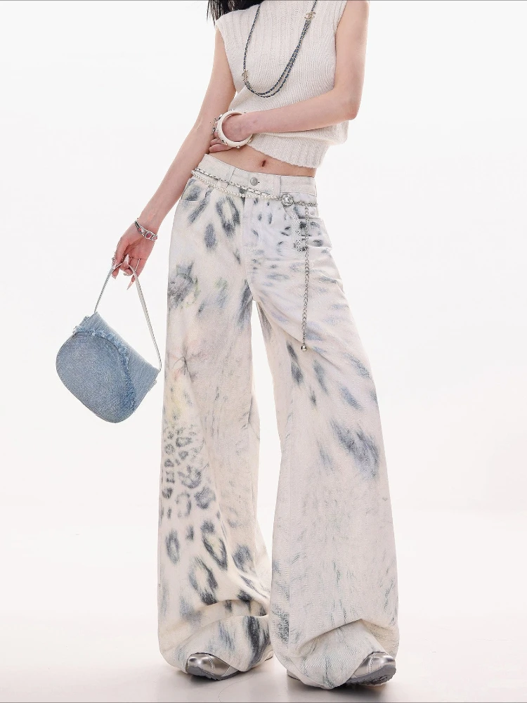 Fashion Leopard Print Jeans Women Streetwear Vintage Hippie Wide Leg Pants Female Casual Baggy Straight High Waist Jeans