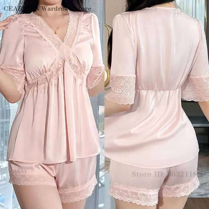 

Summer New Pajamas Set French Court Style Princess Sleepwear Sexy Lace V-Neck Short Sleeved Top&Shorts Loungewear Home Clothes