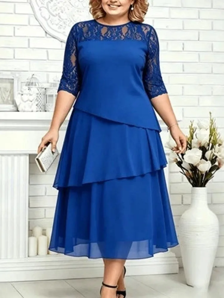 Image of L-5XL Übergrößen-Kleider Damen Sommerkleider mit 3/4-Ärmeln Street-Style Lässig 3XL 4XL Große Größen Spitzen-Midikleid Oversize