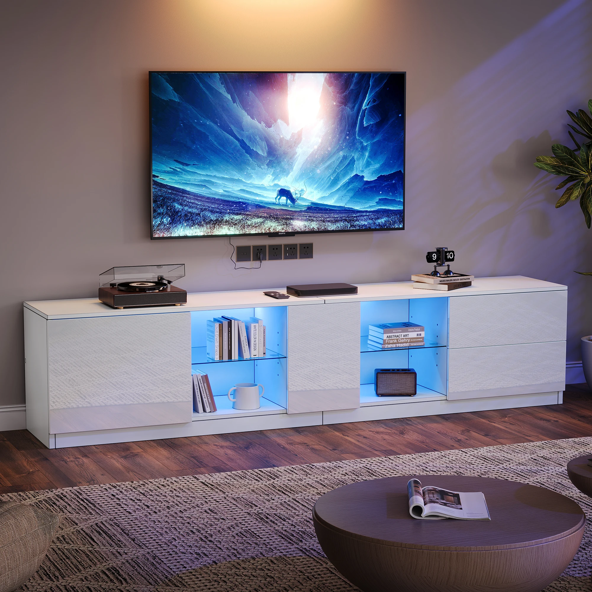Porta TV 160 x 40 x 52 cm, cassettiera lucida, credenze con illuminazione a LED, bassi adatti per TV da 65"