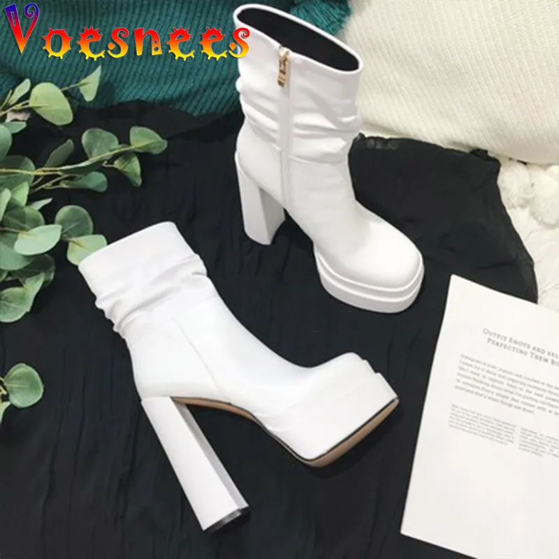 Women Zipper Short Boots Fashion Platform Cow Leather Thick Heel Shoes Woman Pleated Design Square Head Casual Pumps Footwear