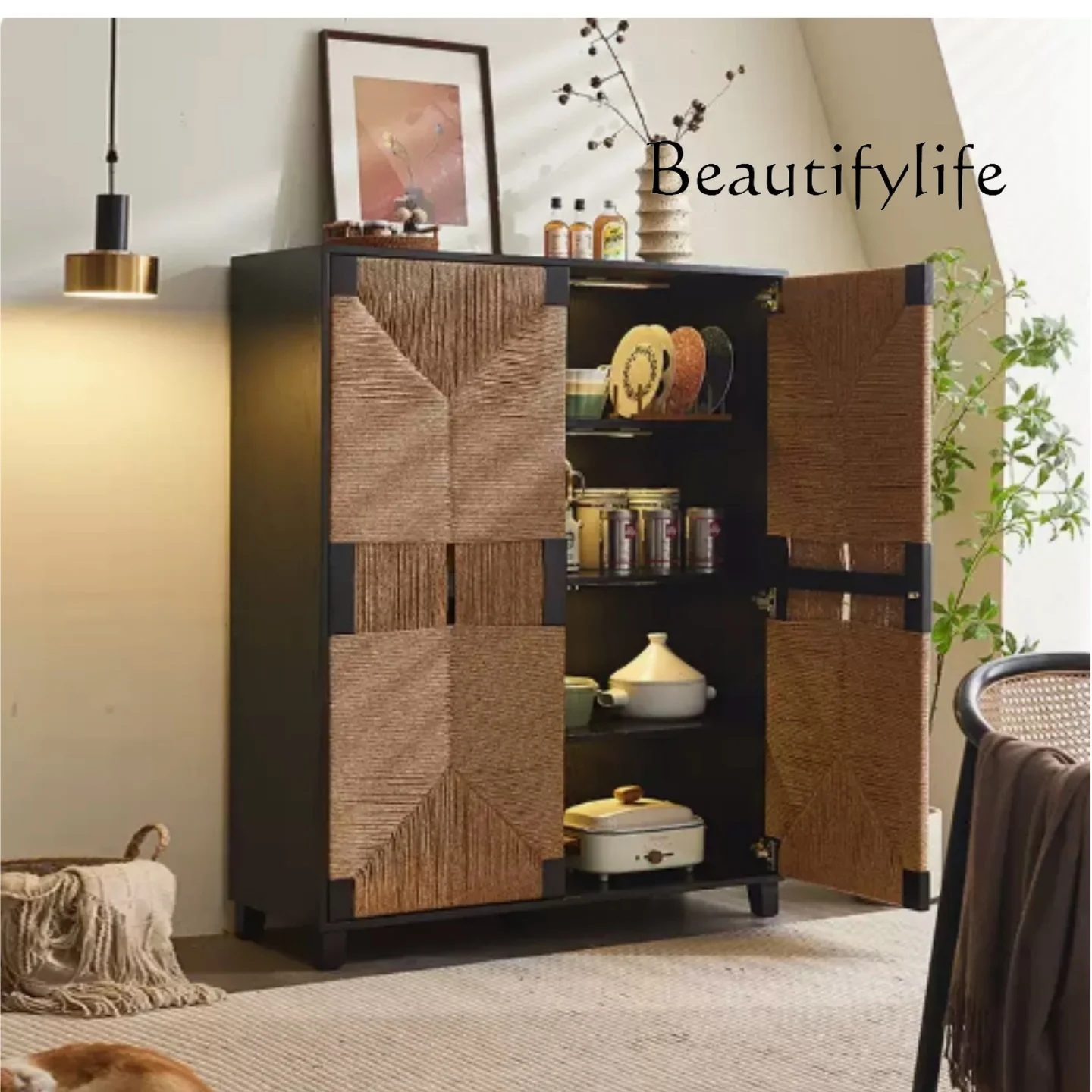 

Medieval rattan woven solid wood dining side cabinet black porch cabinet storage double door cabinet designer high sense