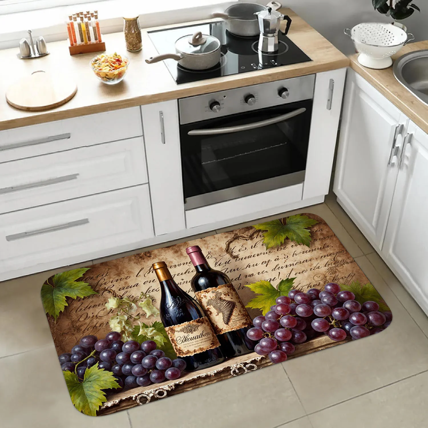Antique Old Letter Wine Doormat Purple Grape Vine Wine Bottle Pattern Anti Slip Washable Decor Rug Kitchen Dining Room Farmhouse