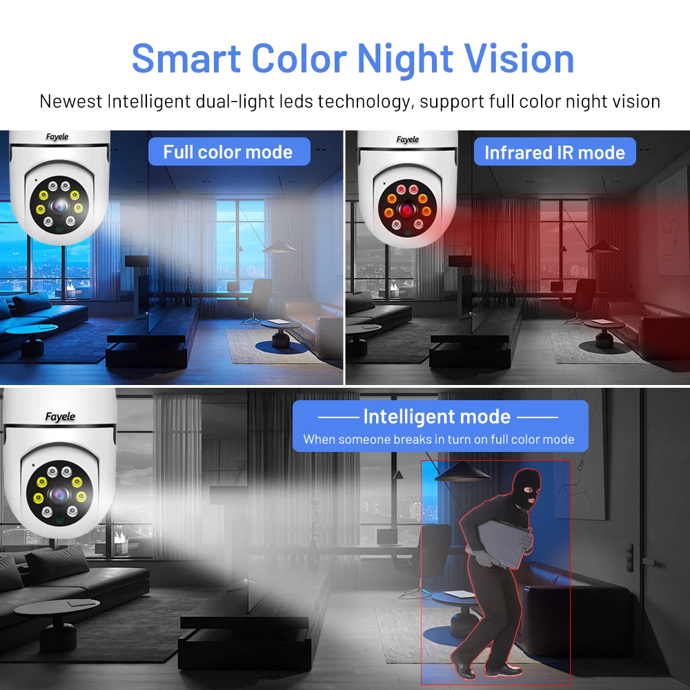 Security Wifi Bulb Camera 3MP Color Night Audio Video Surveillance PTZ Camera Wireless E27 Lamp Holder Auto Tracking IP Camera