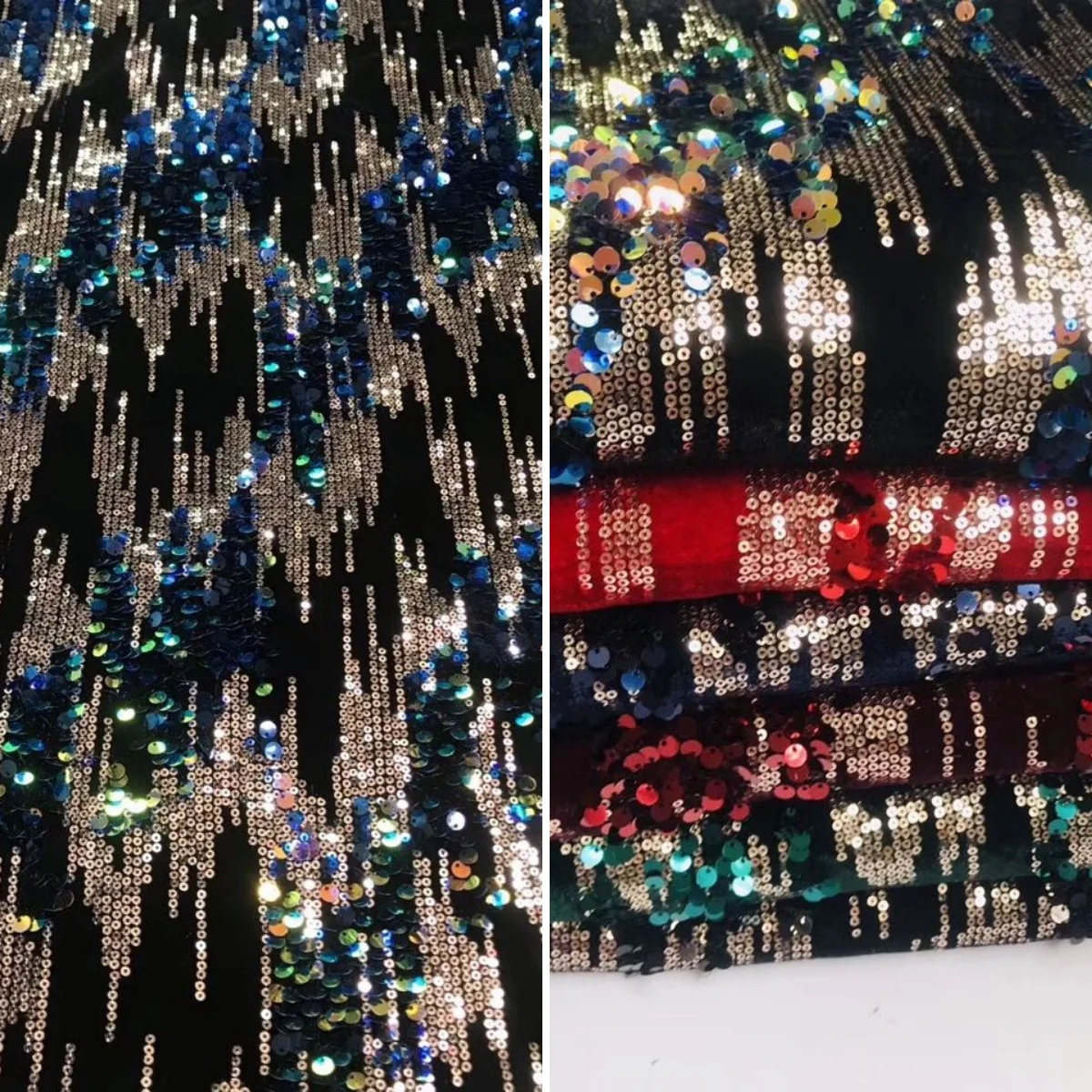 

Black shiny velvet sequin fabric sewn wedding dress evening gown stage costume designer DIY fabric