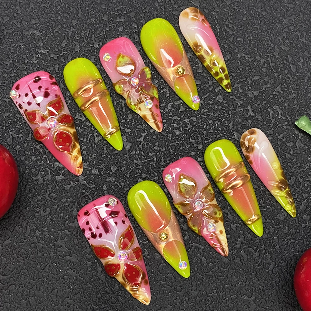 

INS Fashional Full Cover Carved Nails Tip Glittery Handmade Press on Nail Reusable Durable Artificial Acrylic Fingernails 10PCS