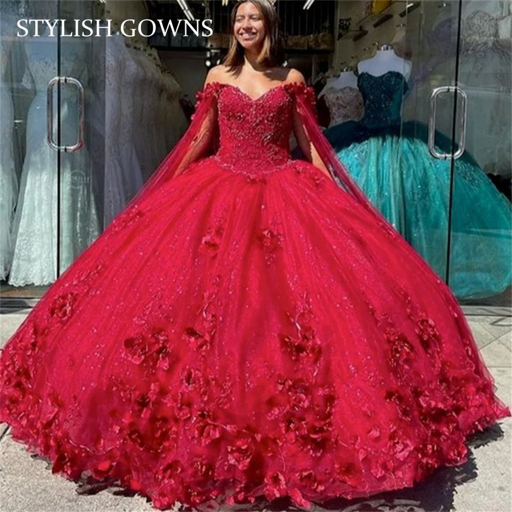 

Mexico Red Off The Shoulder 3D Flower Quinceanera Dresses Ball Gown Bead Appliques 2024 Birthday Luxury Dress Gown With Cape