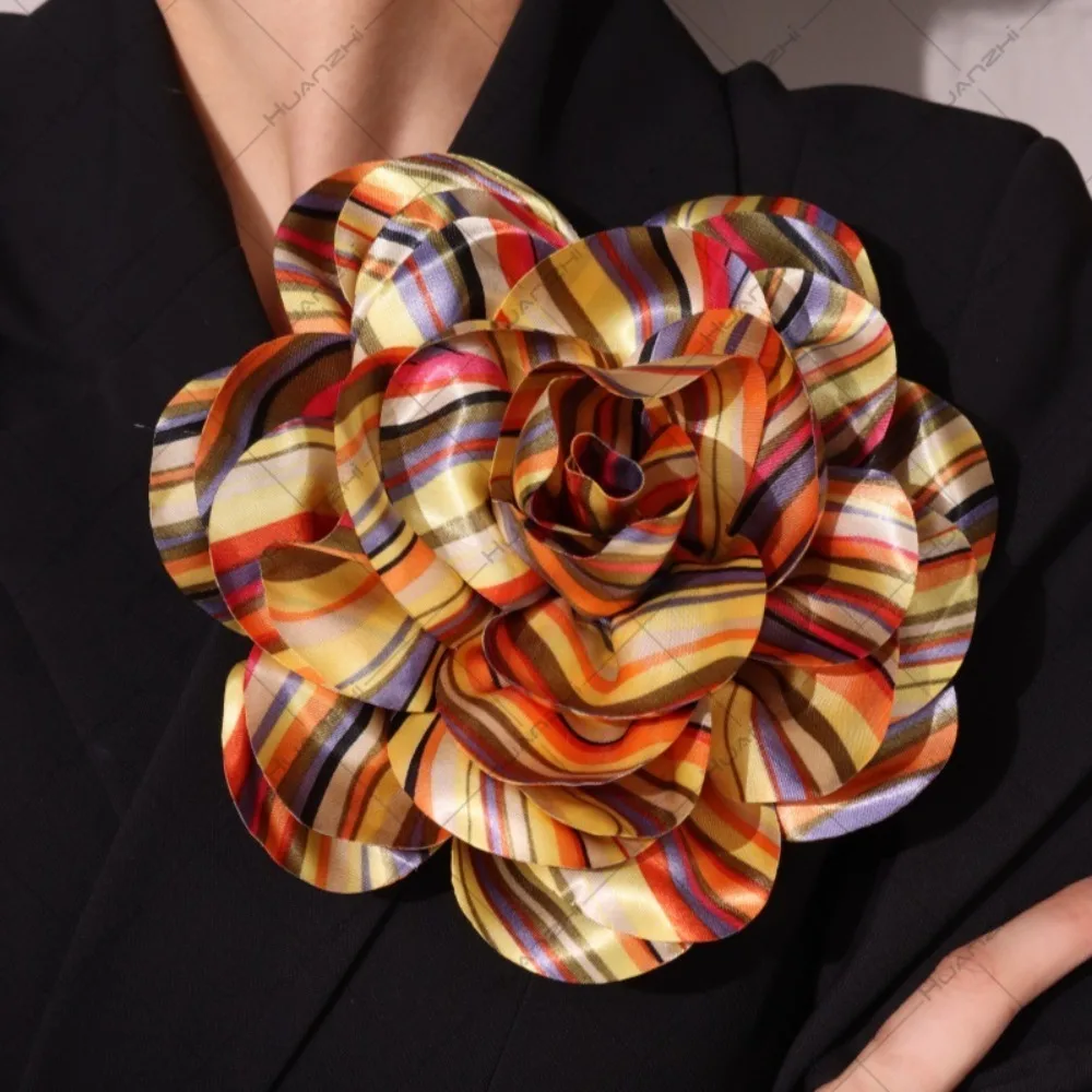 

Satin 19cm Fabric Colored Striped Brooch, Fashionable Special Handmade Large Flower Clothing Accessories