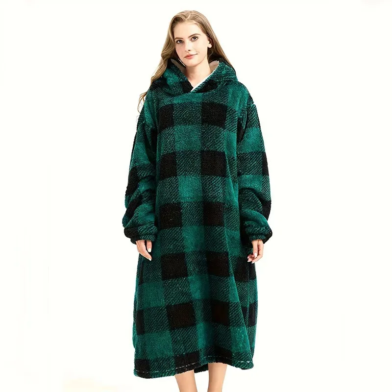 Women Oversized Hooded Wearable Blanket Robe Winter Thick Fleece Long Loose Pullover Sleep Robe Warm Home Outdoor Loungewear