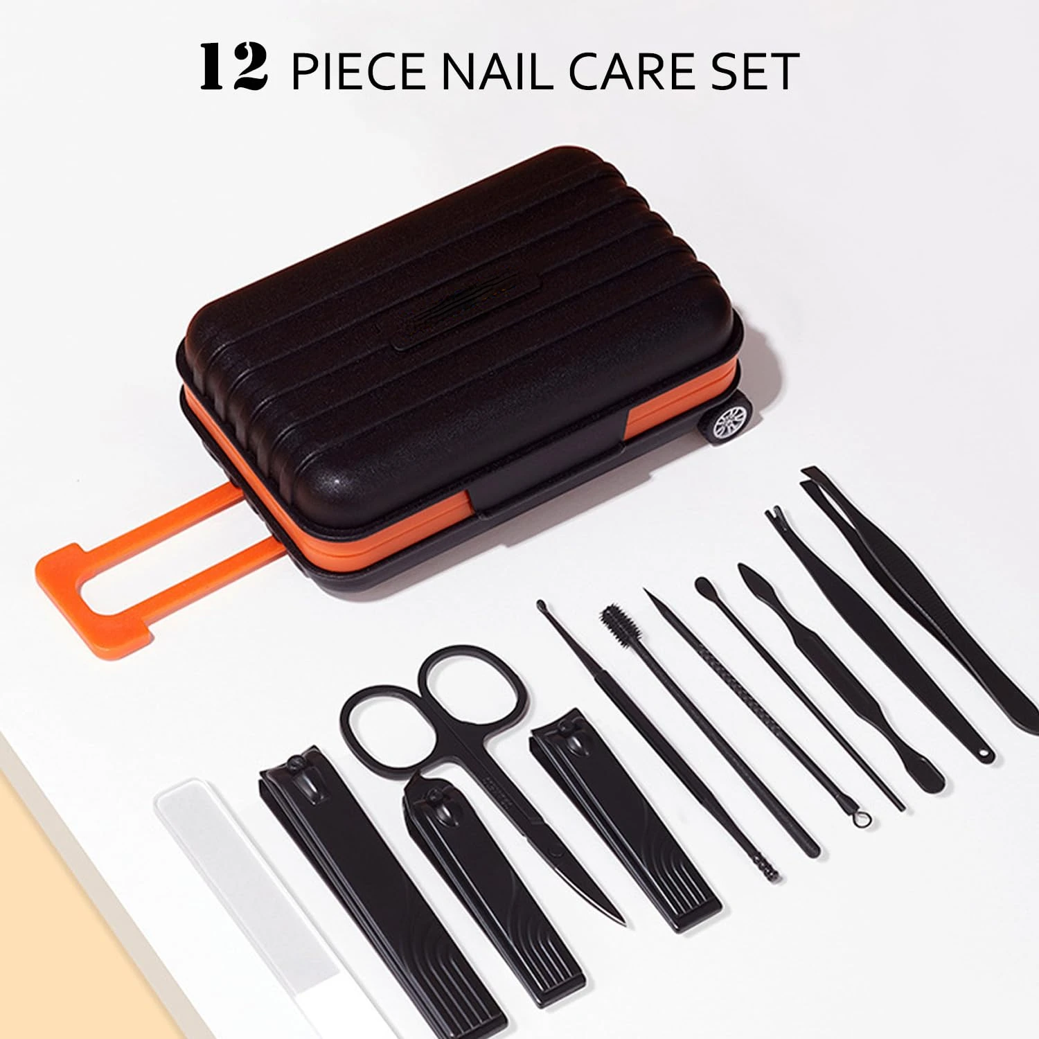 Portable Premium Luxurious Black Stainless Steel Professional Grooming Kit for Men and Women on the Go - Complete 12 Piece Set f