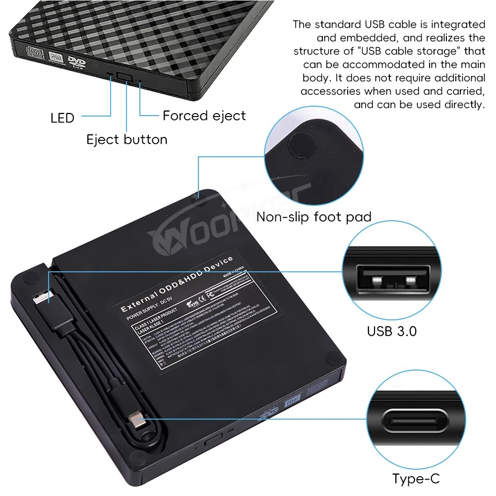 Woopker-Externo USB 3.0 Tipo C DVD Externo, CD DVD leitor de unidade, leitor de queimador, unidades ópticas, Notebook e PC, 2in 1