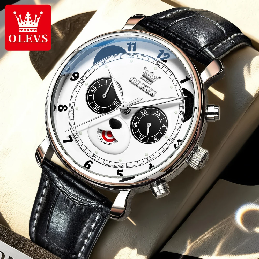 OLEVS 3753 Men Quartz Chronograph Watch Panda Dial Genuine Leather Strap Waterproof Male Sports Wristwatch Reloj Hombre Montre
