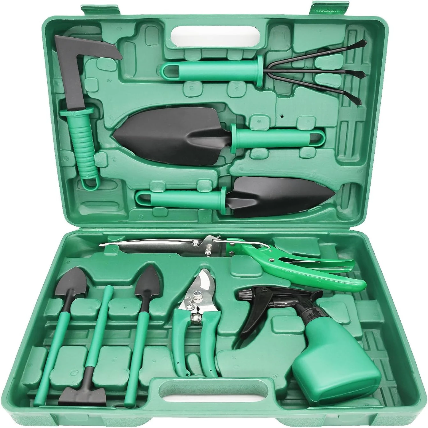 Efficient, Portable Gardening Tool Set for Women - 10-Piece Kit with Carrying Case, Pruner, Rake, Shovel, Trowel, Sprayer