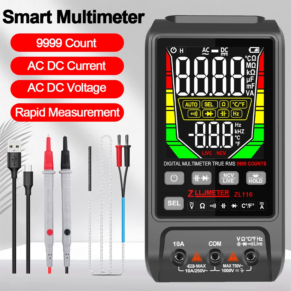 Smart USB Charging Digital Multimeter 9999 Counts Large Screen AC DC Current Voltage Multimetro Capacitance OHm Hz Temp Tester