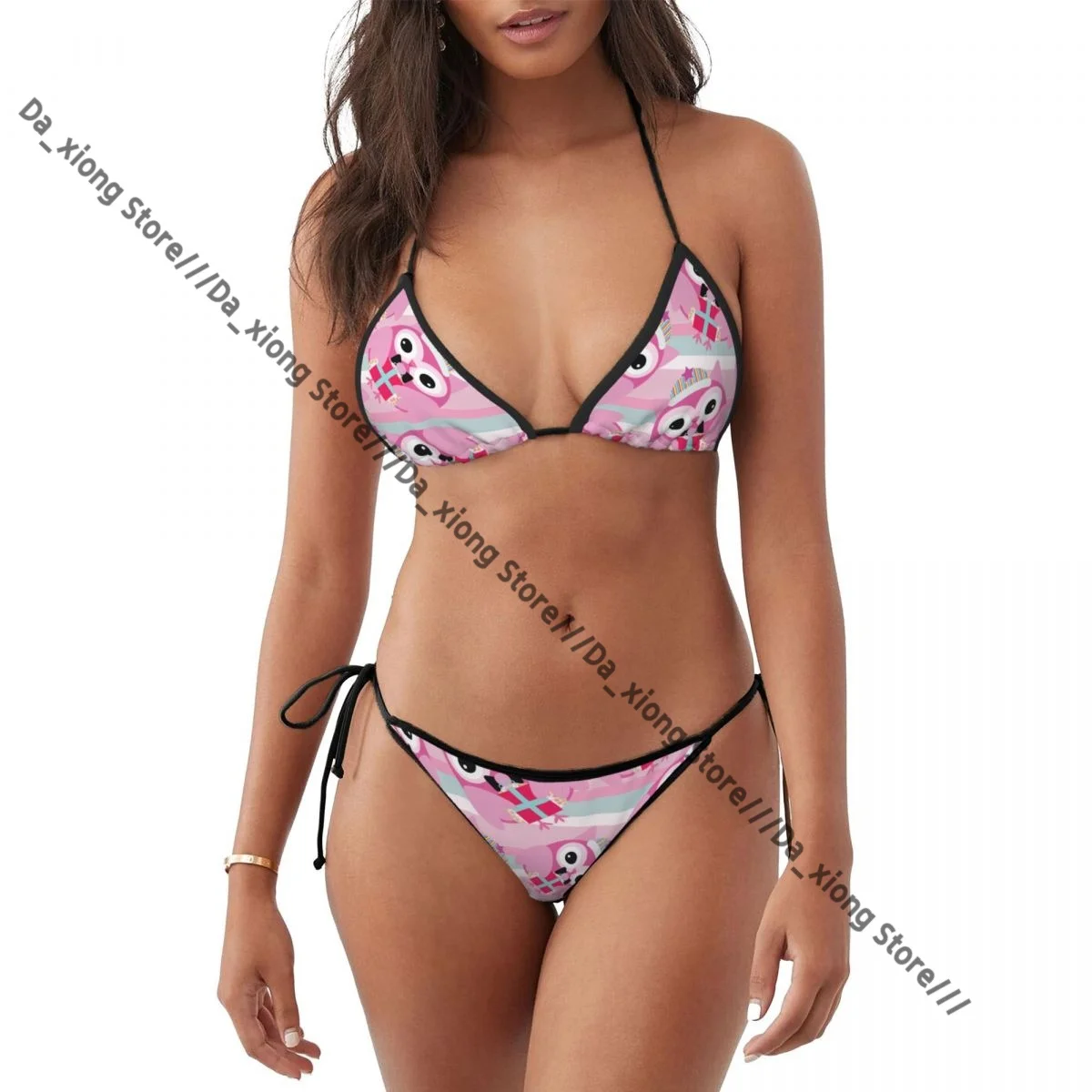 Cute Pink Owls Swimsuits Women Sexy Bikinis Swimwear Bathing Suit Micro Thongs Bordered Beachwear
