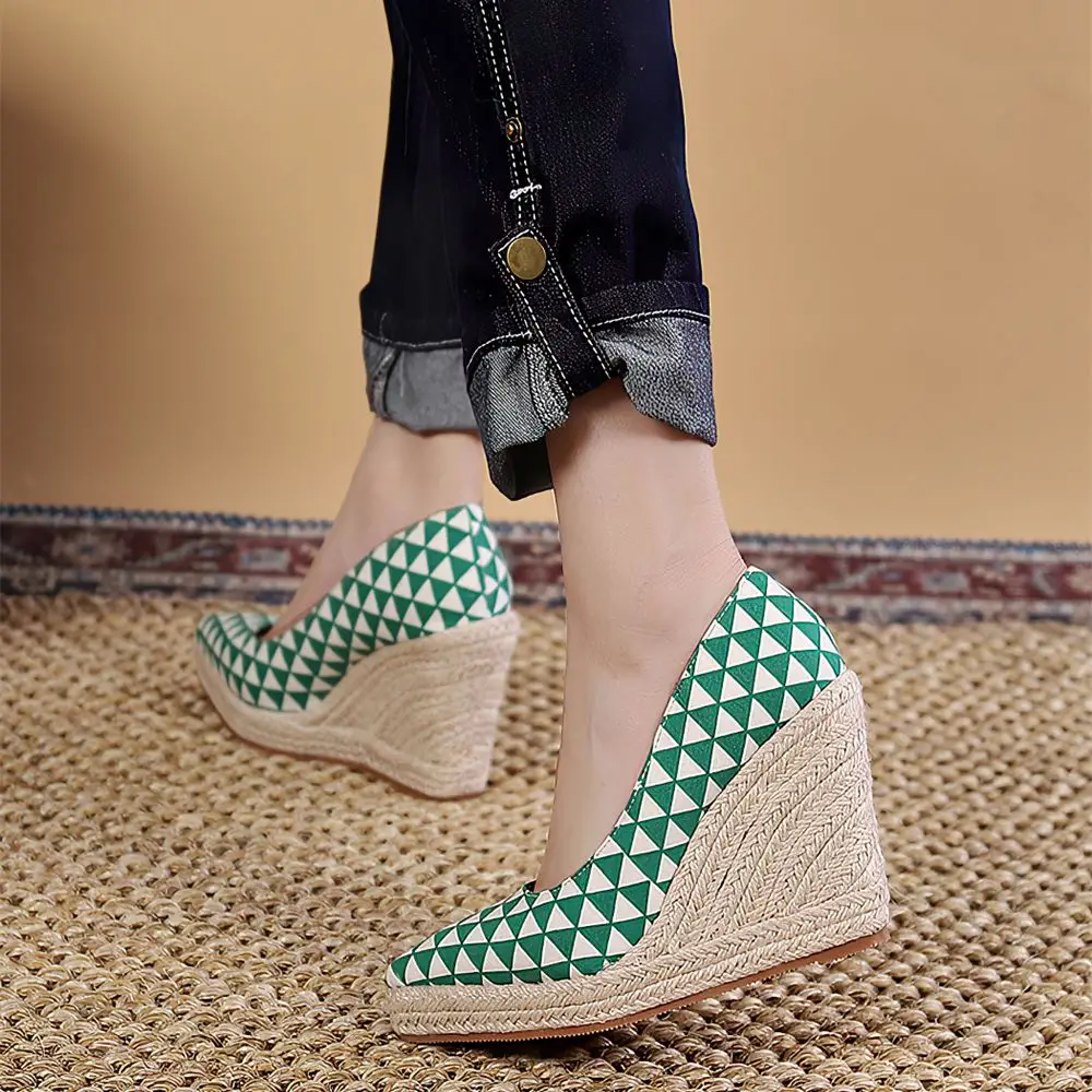 Wedge Canvas Pumps Women\'s Autumn 10cm Green Heels Korean Shoes For Women High-heeled Denim Bohemian Style Shoe Espadrilles