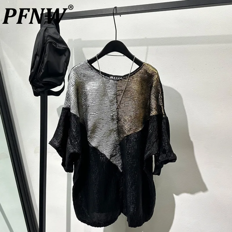 PFNW Men's T-shirts Patchwork Contrast Color Casual Tops Round Neck Short Batwing Sleeve Pullover Male Tees New 2024 12C300