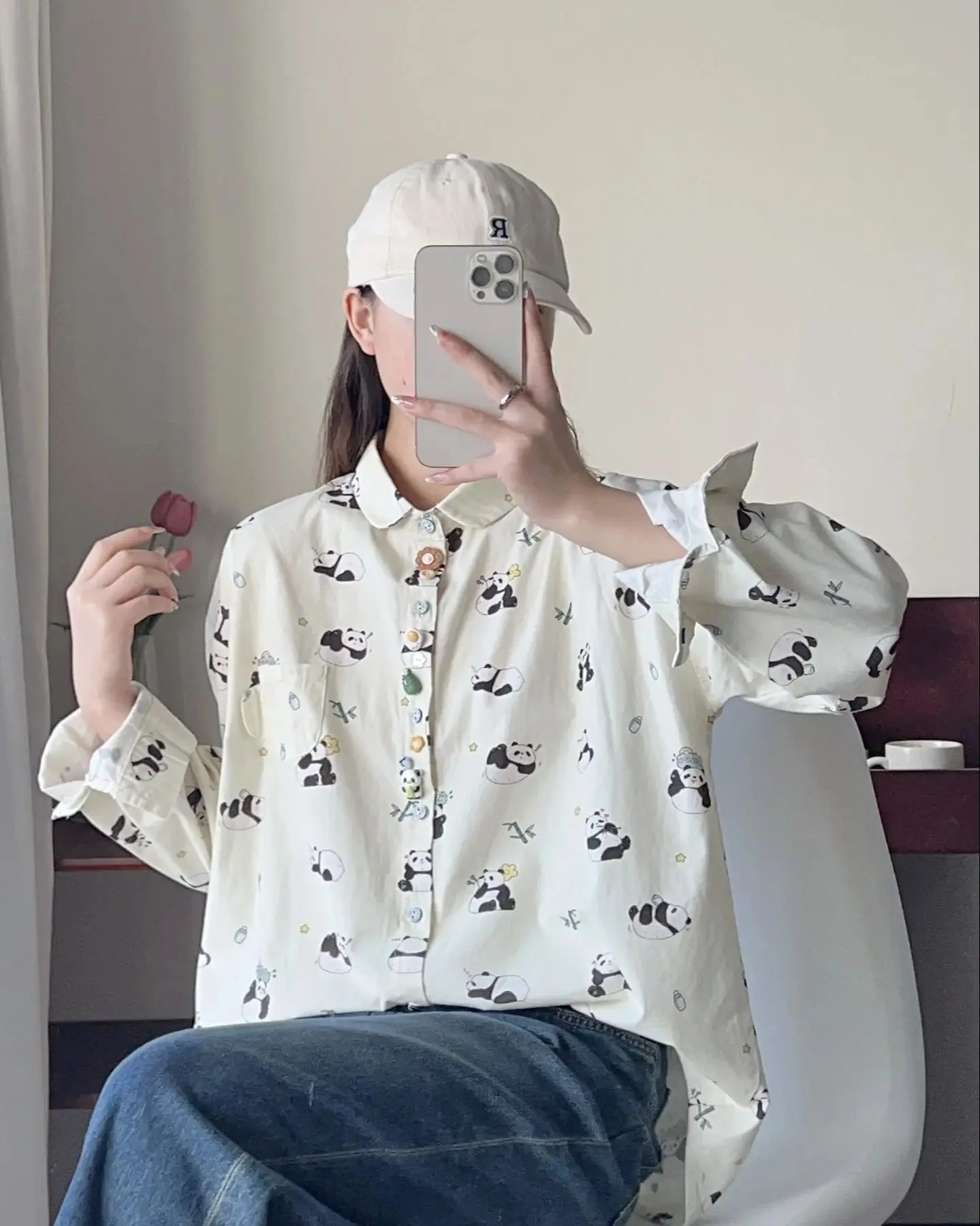 New Autumn Cotton Shirts Women Lapel Collar Tops Girl Long Sleeve Panda Print Cute Casual Peached Thick Blouses Spring T30410QM