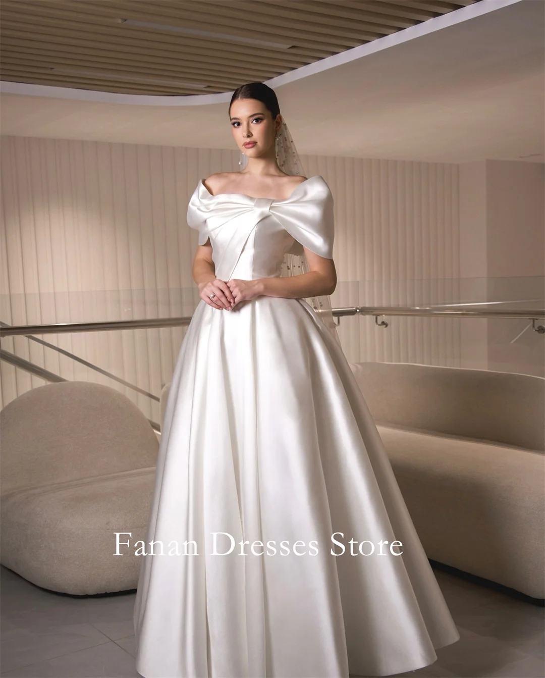 

Fanan Off Shoulder Ivory A-Line Wedding Dress Corset Customized Satin Floor Length Bridal Party Gown Vestidos De Novia
