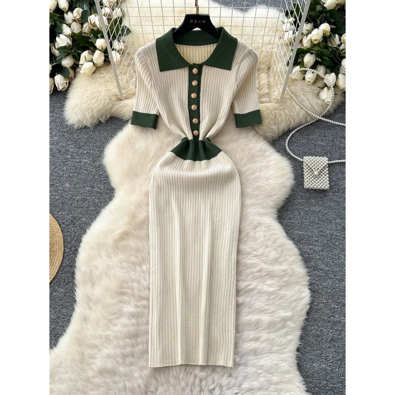 

women chic summer slim polo neck bodycon knitted long dress vintage party patchwork sheath dresses elegant tunic office vestidos
