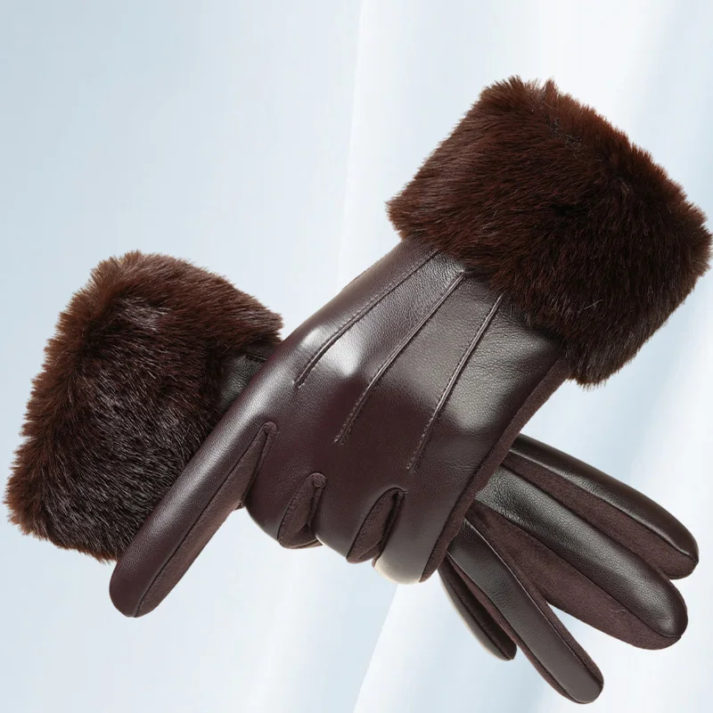 Winter-Luxus-Damenhandschuhe aus PU-Leder mit weichem Kunstfellbesatz am Handgelenk, modisch, elegant, warm, für Partys, Touchscreen-fähig, zum Autofahren und Radfahren geeignet.