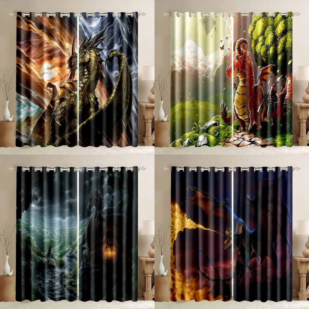 

Dragon Blackout Curtains,Eastern Western Cartoon Dragon Design 2 Pieces Thermal Insulated Drapes Darkening Kids Window Curtain