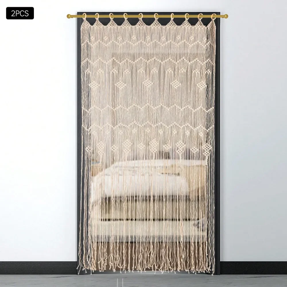 

Ivory HandWoven Macrame Curtain 2Pack 85x200cm Cotton Rope With Wooden Grommets And Rings LightFiltering Boho Doorway Window Ta