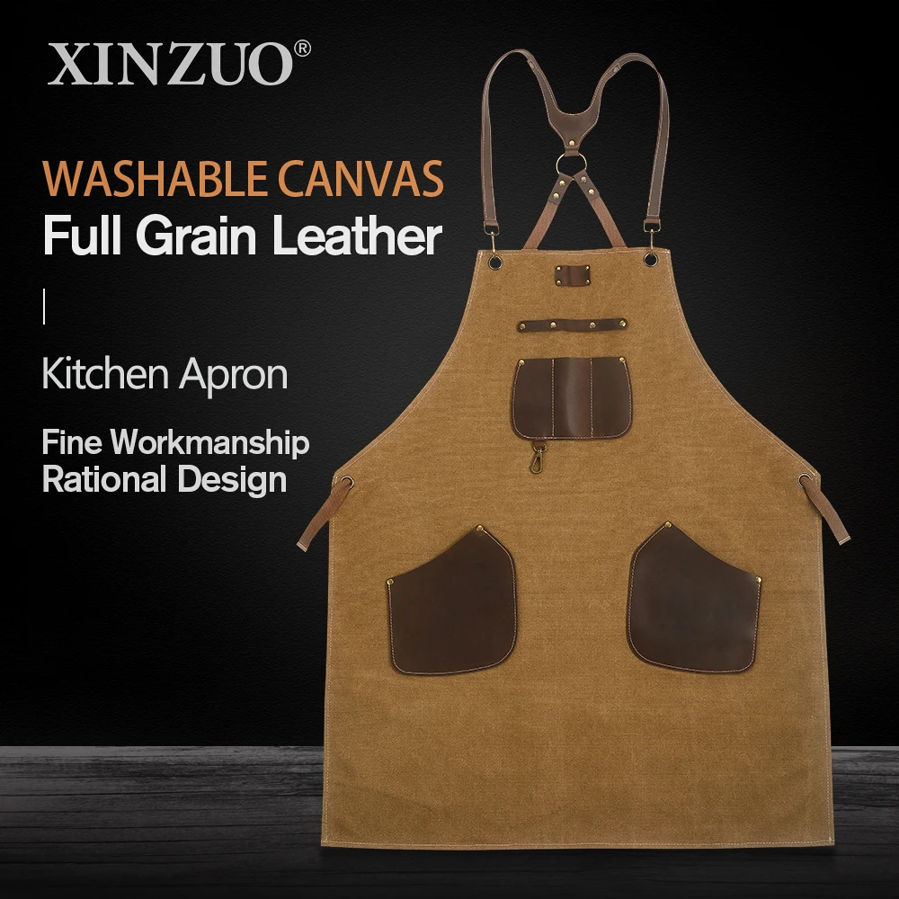 XINZUO Washable Canvas & Cowhide Leather Pro Chef Kitchen Apron for Woman Men Chef Work Apron Comfortable and Wear-resistant