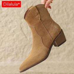 Dilalula Genuine Leather Chelsea Boots Women Cow Suede Pointed Toe Med Thick Heels Slip On Short Boots Female Autumn 2025