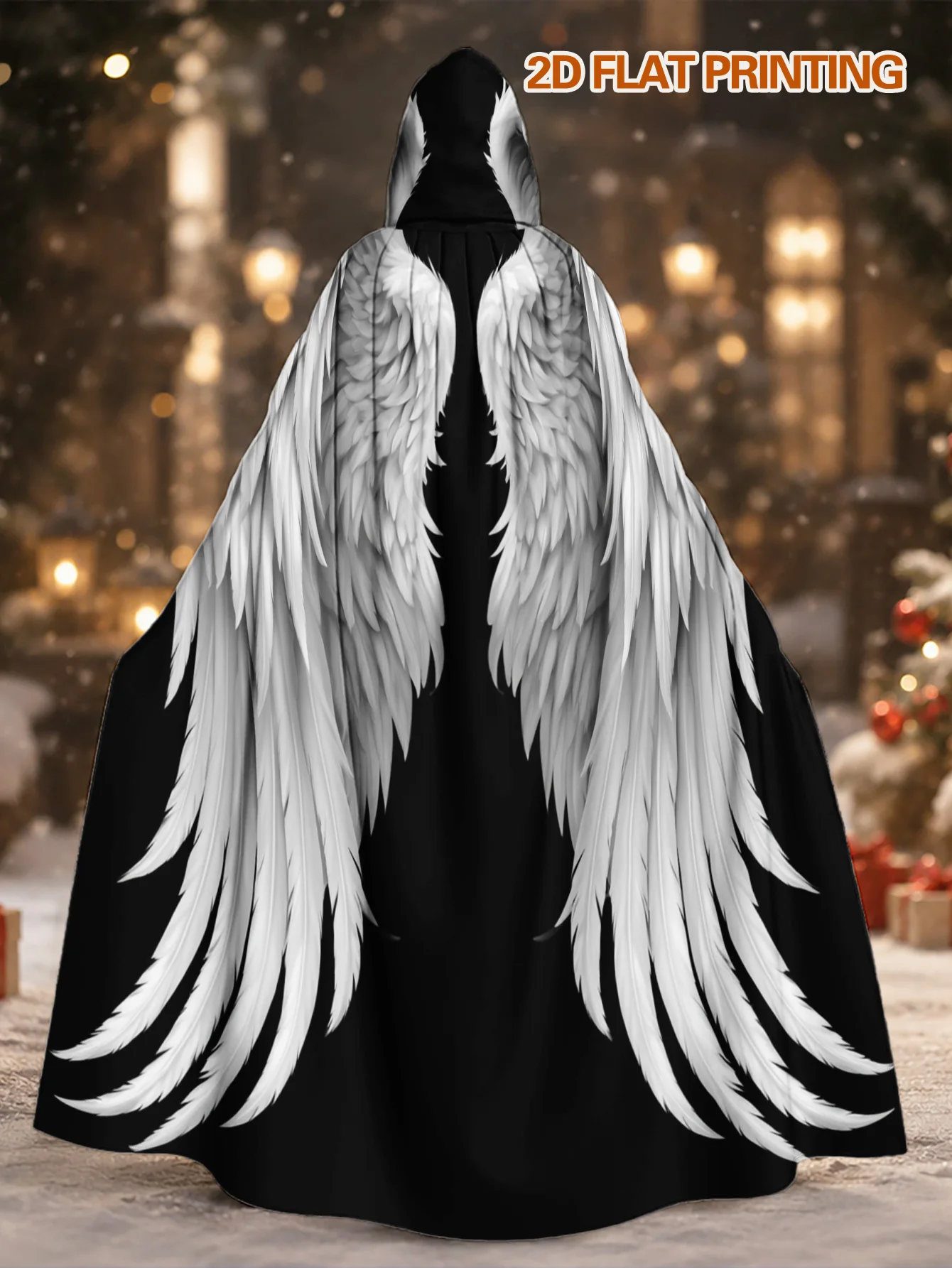 Customization 1pc, Hooded Cloak With White Feathered Angel Wings Elements, Unisex Polyester Robe For Halloween Cosplay, Christma