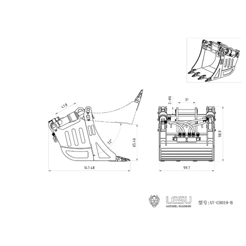 Metal Openable Closable Bucket 1/14 LESU RC Hydraulic Et30H Excavator Outdoor Toys TH19136