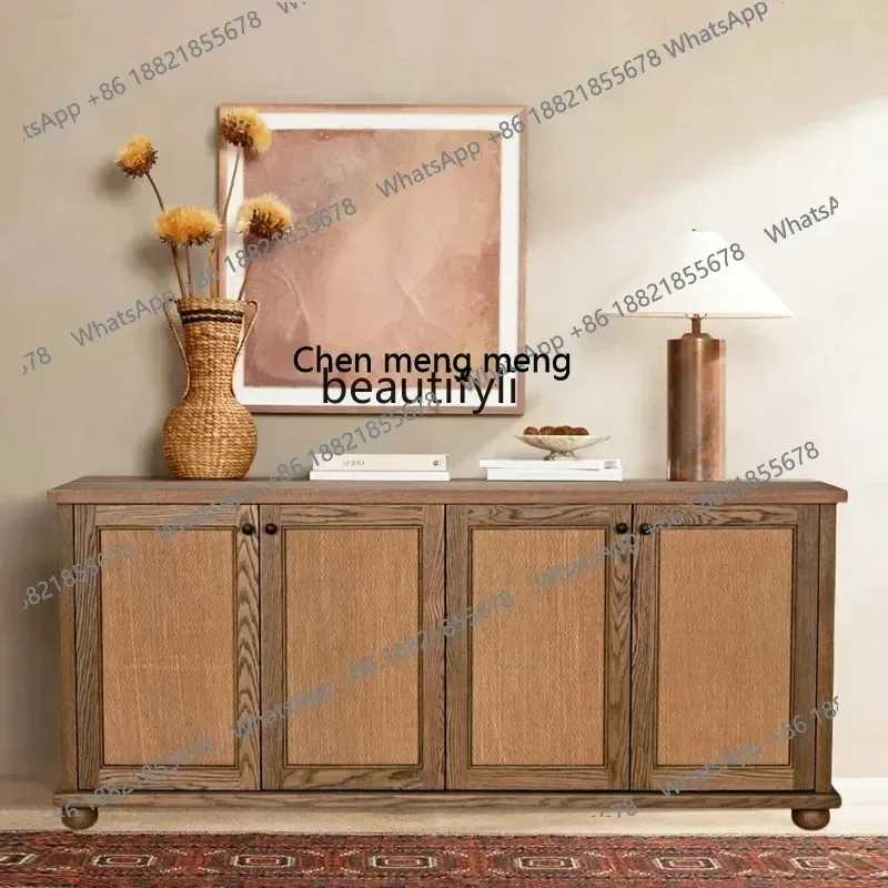 A   R American retro solid wood dining side cabinet, multi-functional locker, natural rattan weaving, porch, foyer decorative ca