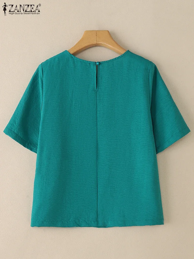 ZANZEA 2025 Women Summer Embroidery Tops Short Sleeve Shirts O-Neck Casual Vintage Blouse Loose Tunic Fashion Print Blusas Femme