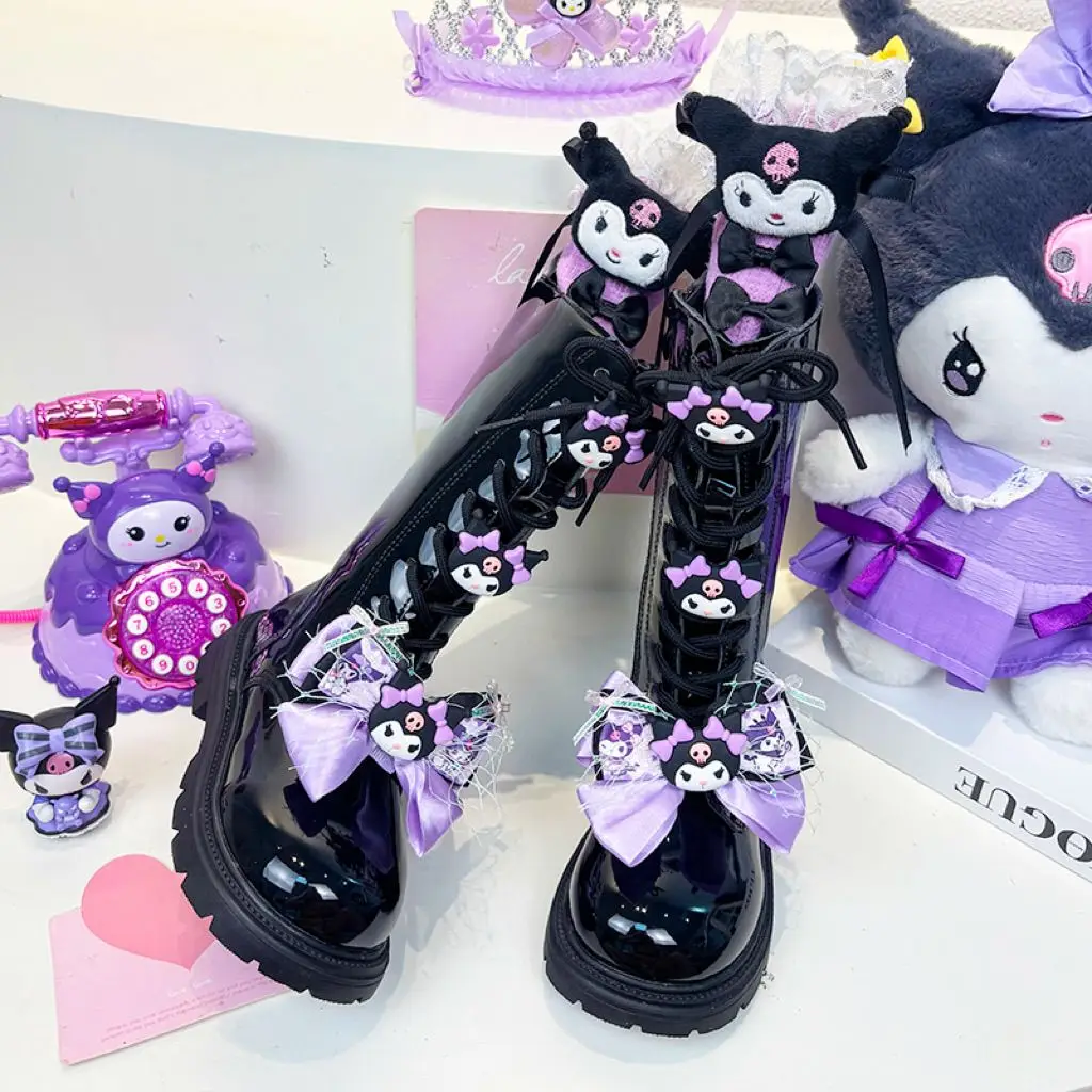 新しいサンリオファッション漫画子供靴かわいいクロミ女の子ロングレザーブーツソフトソール冬子供プラスベルベット綿靴