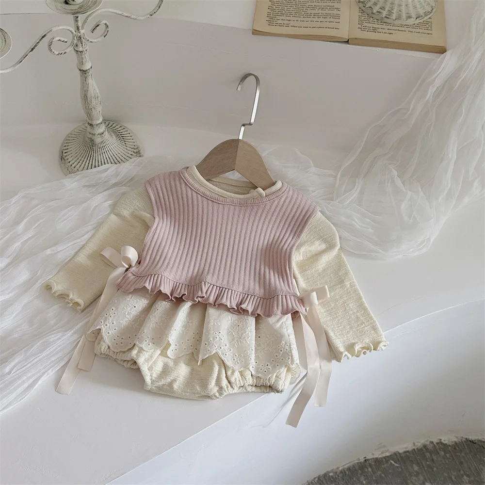 2024 Autumn New Baby Girl Long Sleeve Cotton Bodysuit Newborn Infant Girl Lace Jumpsuit Toddler Solid Vest Baby Outfits 0-24M