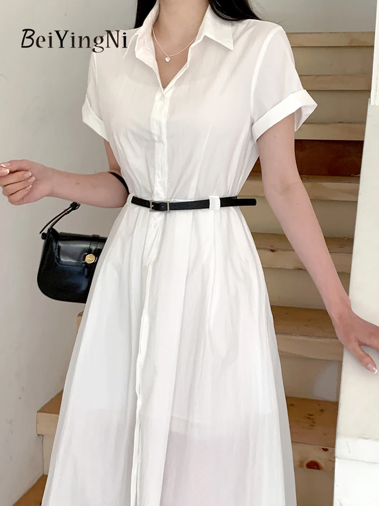 Beiyingni 2024 Fashion Vintage Elegant Shirts Dresses Women With Belt White Temperament Slim Waist Plain Long Midi Dress Ladies