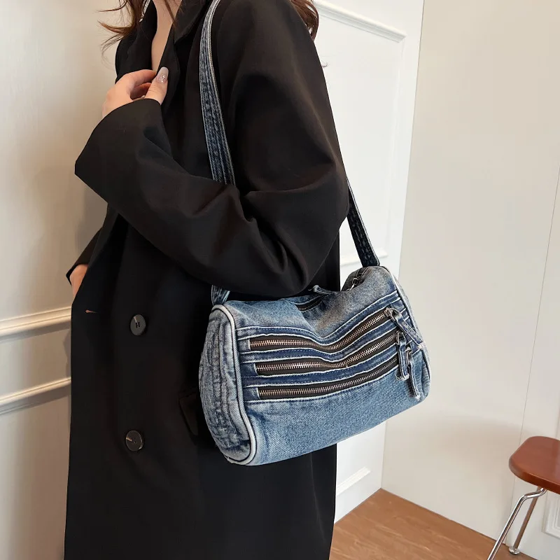 New multi-layer zipper denim casual vintage square bag Two tones famous brands direct sales low price popular bag 2024