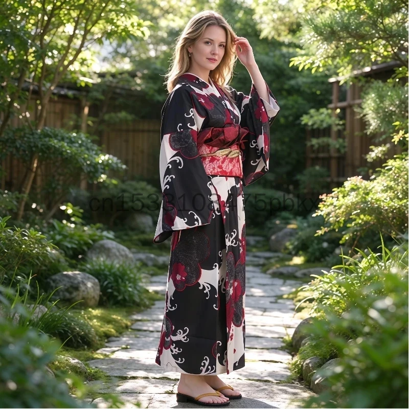 Japanese Traditional Kimono for Women Polyester Yukata Wrinkle Free Easy Wear Casual Daily Komono Floral Kimono
