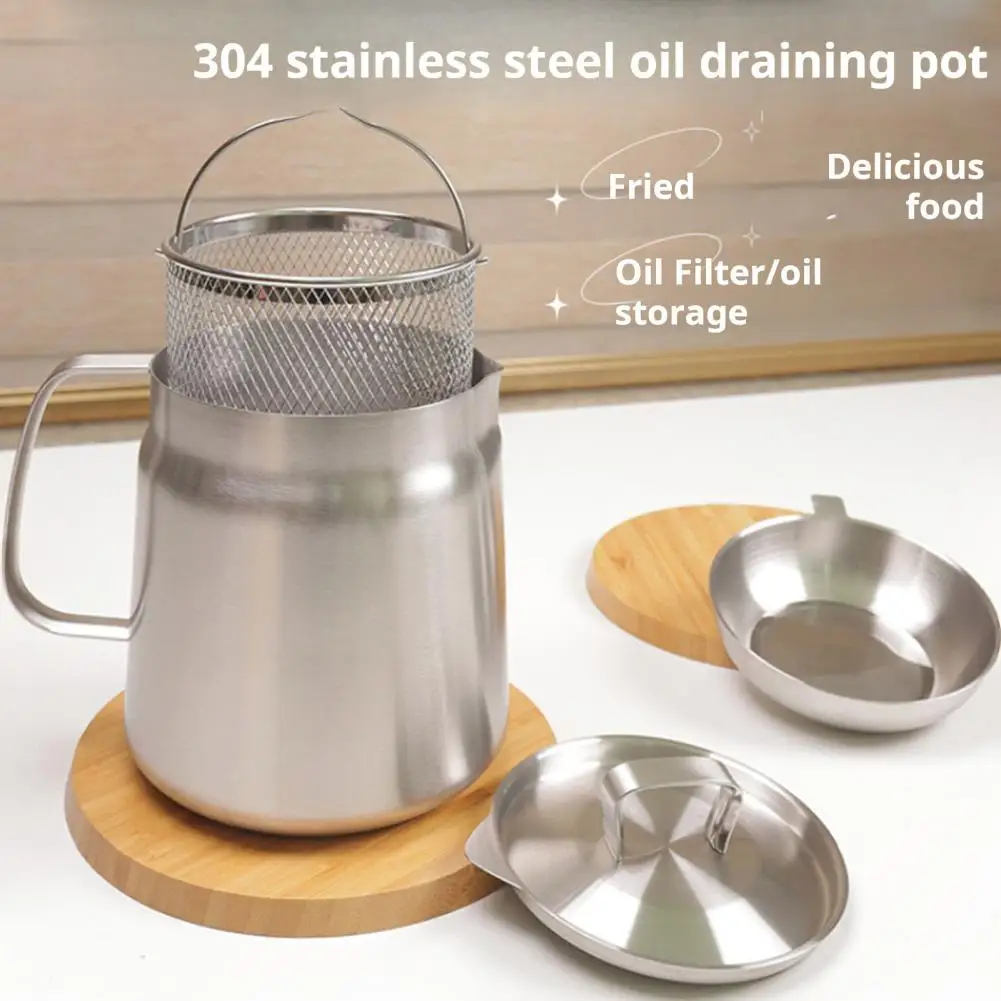 

Oil Strainer Pot 1.5L/2L Large Capacity Oil Storage Can with Filter Lid and Frying Basket Stainless Steel Oil Filter Tank