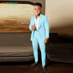 Fashion Sky Blue Suit Sets For Boys Wedding Party Flower Kids Elegant Outfits School Prom Child Formal High Quality Blazer Pants