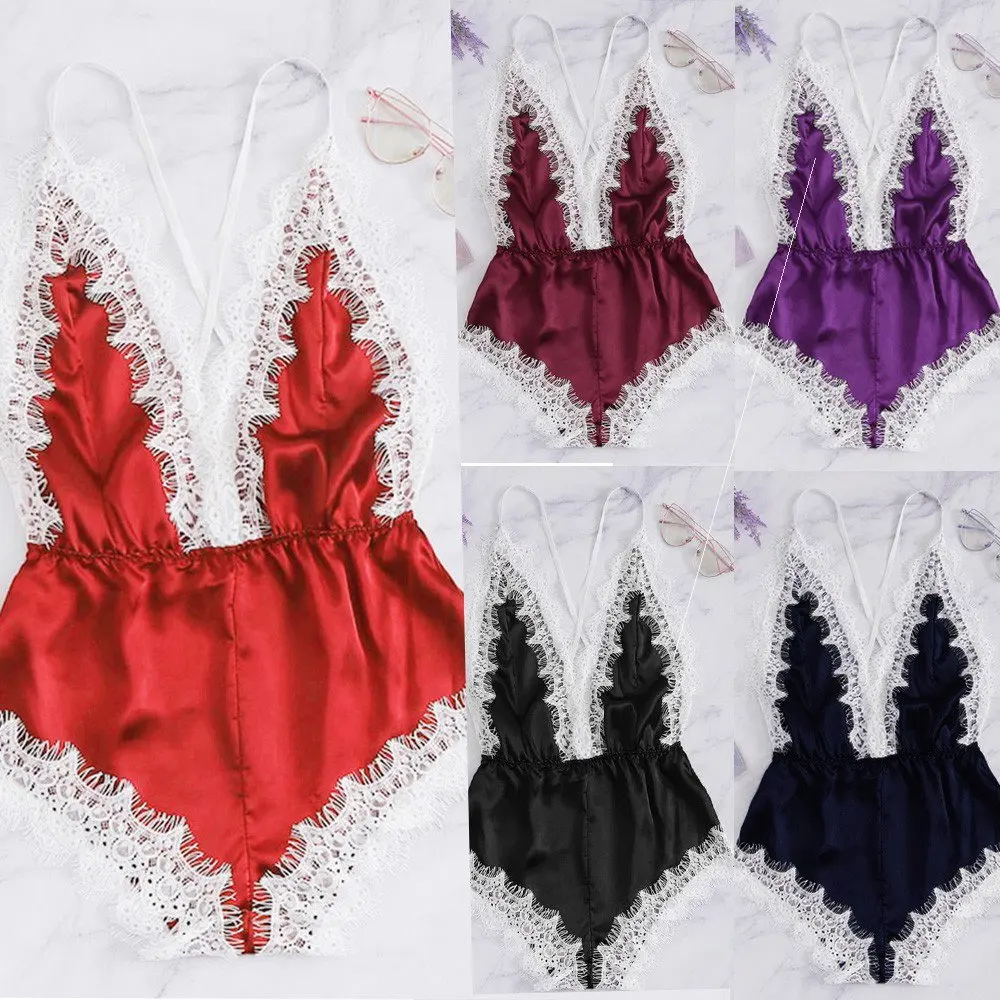 

Sexy Lace Sling Oily Cloth Jumpsuit New Home Lingerie V-neck Sleeveless All-season Universal Design Comfortable Sleepwear